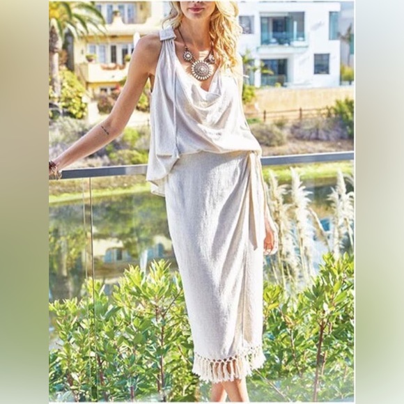 Linen Faux Wrap Skirt Fringe Tassel Matching Set - Picture 2 of 2